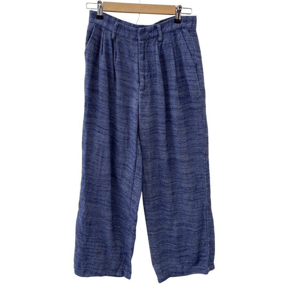 Urban‎ Outfitters Herringbone Pleated Wide-Leg Trouser Pants Cotton Blue Women S